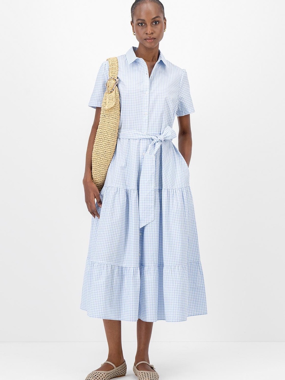 Light Blue Gingham Maxi Shirt Dress with Tie Waist
